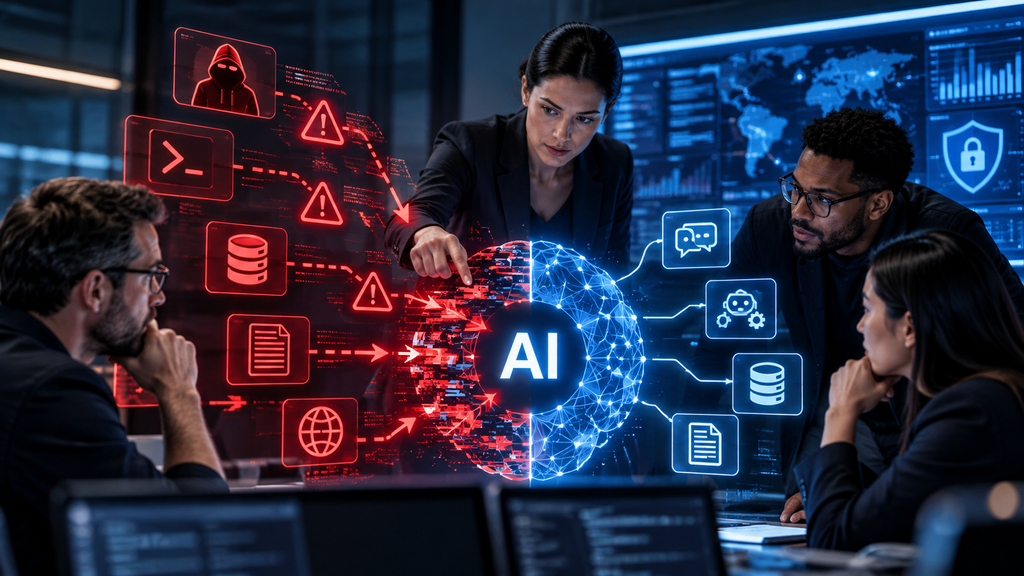 An enterprise security team reviewing AI red teaming techniques in a modern office environment.