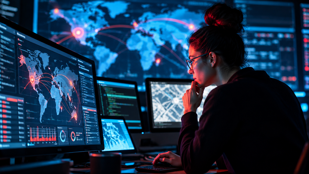 Cybersecurity analyst reviewing business systems as part of a cyber risk management strategies.